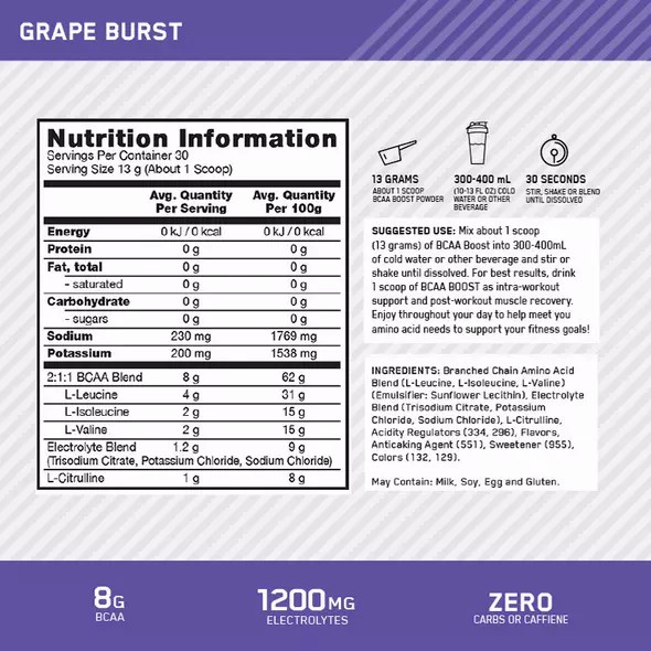 Optimum Nutrition BCAA Boost Grape 30 Serves | 894506-DLM