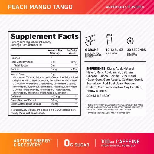 Optimum Nutrition ESSENTIAL AMIN.O. ENERGY® *new* Peach Mango Tango - Notify Me 0.6 lb - Notify me | 086234-LSA