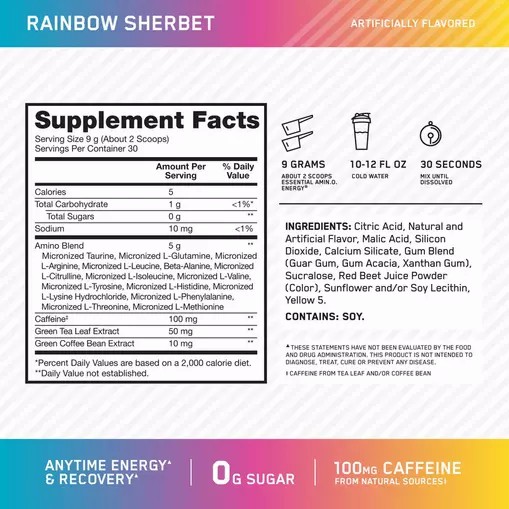 Optimum Nutrition ESSENTIAL AMIN.O. ENERGY® *new* Rainbow Sherbet - Notify Me 0.6 lb - Notify me | 803924-YNH
