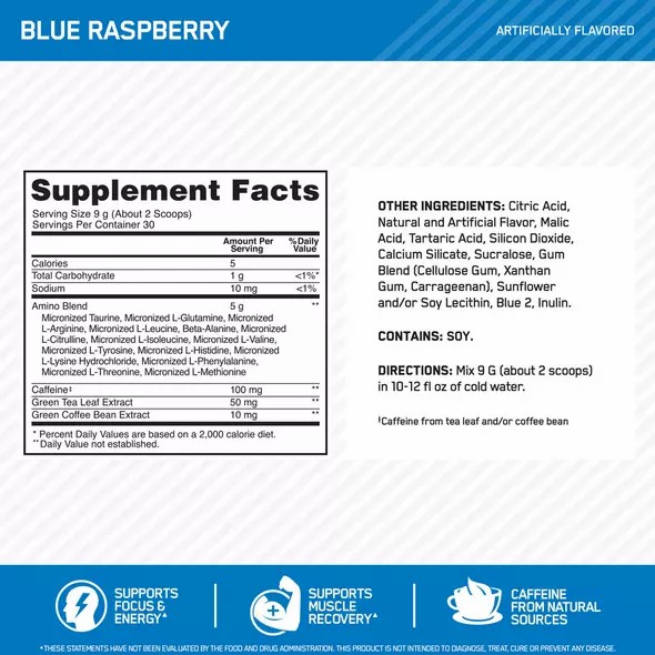 Optimum Nutrition ESSENTIAL AMIN.O. ENERGY® Blue Raspberry 0.6 lb (30 Servings) | 905483-DBT