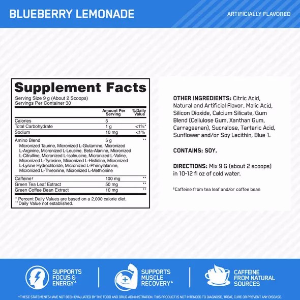 Optimum Nutrition ESSENTIAL AMIN.O. ENERGY® Blueberry Lemonade 0.6 lb (30 Servings) | 796345-YPO