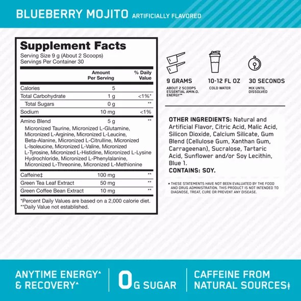 Optimum Nutrition ESSENTIAL AMIN.O. ENERGY® Blueberry Mojito 0.6 lb (30 Servings) | 036124-MCP