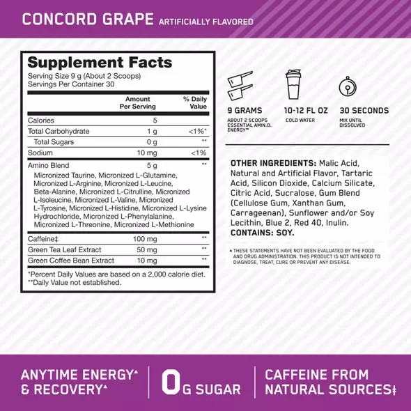 Optimum Nutrition ESSENTIAL AMIN.O. ENERGY® Concord Grape 0.6 lb (30 Servings) | 182953-FQV