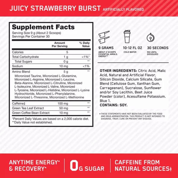 Optimum Nutrition ESSENTIAL AMIN.O. ENERGY® Juicy Strawberry - Notify Me 0.6 lb - Notify me | 486571-QEL