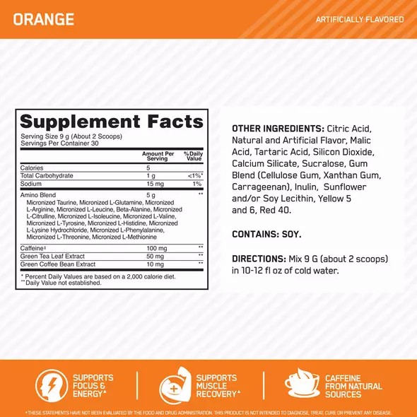Optimum Nutrition ESSENTIAL AMIN.O. ENERGY® Orange 0.6 lb (30 Servings) | 834921-QMG