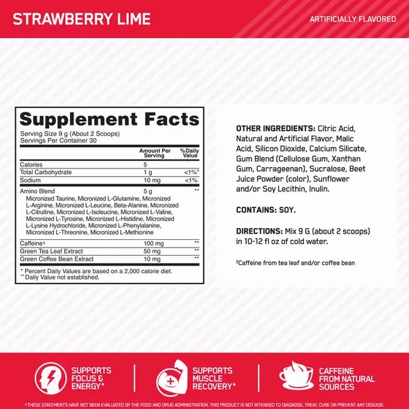 Optimum Nutrition ESSENTIAL AMIN.O. ENERGY® Strawberry Lime 0.6 lb (30 Servings) | 621504-MPS