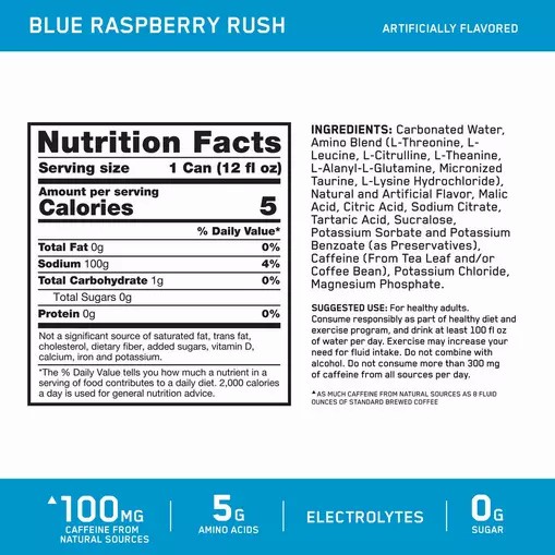 Optimum Nutrition ESSENTIAL AMIN.O. ENERGY+ Electrolytes Sparkling *new* Blue Raspberry Rush 355ml * 12 Cans (12 Servings) | 065913-ZIT
