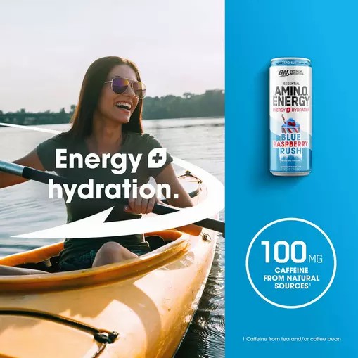 Optimum Nutrition ESSENTIAL AMIN.O. ENERGY+ Electrolytes Sparkling *new* Blue Raspberry Rush 355ml * 12 Cans (12 Servings) | 065913-ZIT