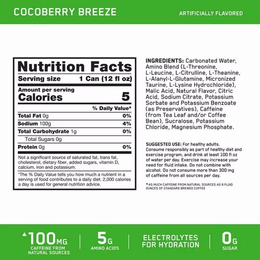 Optimum Nutrition ESSENTIAL AMIN.O. ENERGY+ Electrolytes Sparkling *new* Cocoberry Breeze 355ml * 12 Cans (12 Servings) | 419632-LZQ