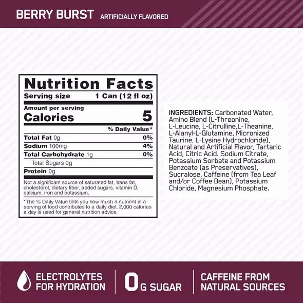 Optimum Nutrition ESSENTIAL AMIN.O. ENERGY+ Electrolytes Sparkling Berry Burst 355ml * 12 Cans (12 Servings) | 597341-CYR