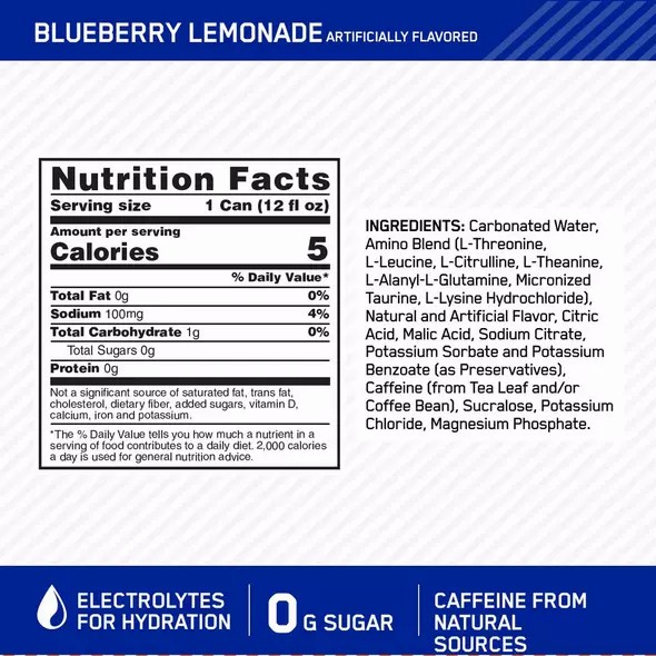 Optimum Nutrition ESSENTIAL AMIN.O. ENERGY+ Electrolytes Sparkling Blueberry Lemonade 355ml * 12 Cans (12 Servings) | 129036-QZD