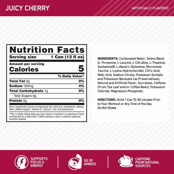 Optimum Nutrition ESSENTIAL AMIN.O. ENERGY+ Electrolytes Sparkling Juicy Cherry 355ml * 12 Cans (12 Servings) | 861032-JWL