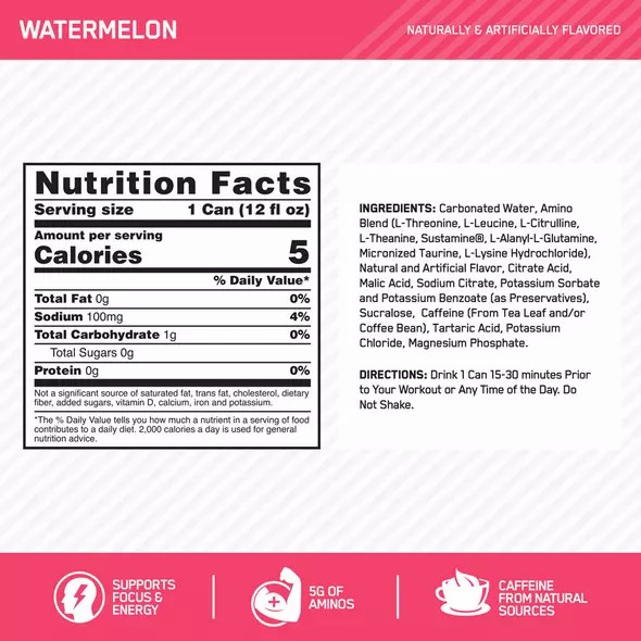 Optimum Nutrition ESSENTIAL AMIN.O. ENERGY+ Electrolytes Sparkling Watermelon 355ml * 12 Cans (12 Servings) | 104698-VXS