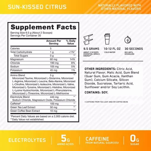 Optimum Nutrition Essential AMIN.O. ENERGY + Electrolytes *new* Sun-kissed Citrus 0.63 lb (30 Servings) | 038695-CJK