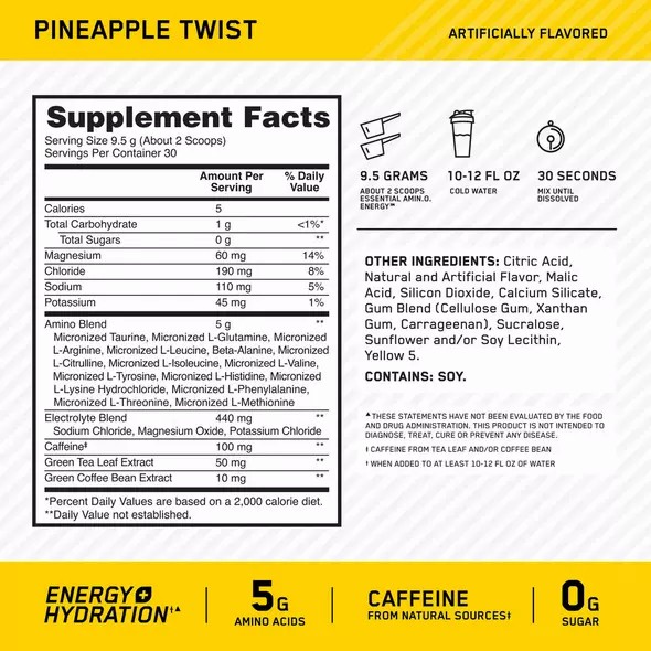 Optimum Nutrition Essential AMIN.O. ENERGY + Electrolytes Pineapple Twist 0.63 lb (30 Servings) | 537249-MVG
