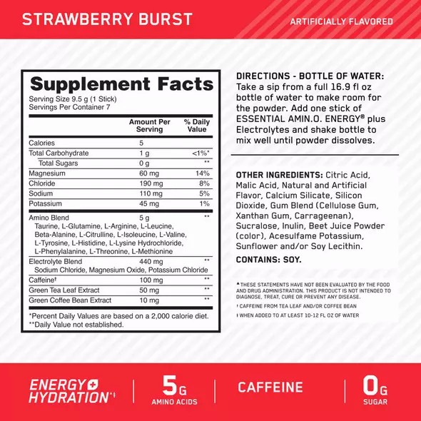 Optimum Nutrition Essential AMIN.O. ENERGY + Electrolytes Strawberry Burst 0.63 lb (30 Servings) | 370854-CBS
