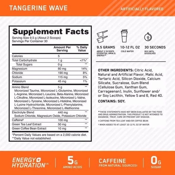 Optimum Nutrition Essential AMIN.O. ENERGY + Electrolytes Tangerine Wave 0.63 lb (30 Servings) | 260415-CHW