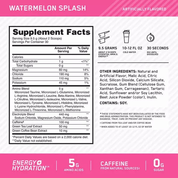 Optimum Nutrition Essential AMIN.O. ENERGY + Electrolytes Watermelon Splash 0.63 lb (30 Servings) | 865947-KQS