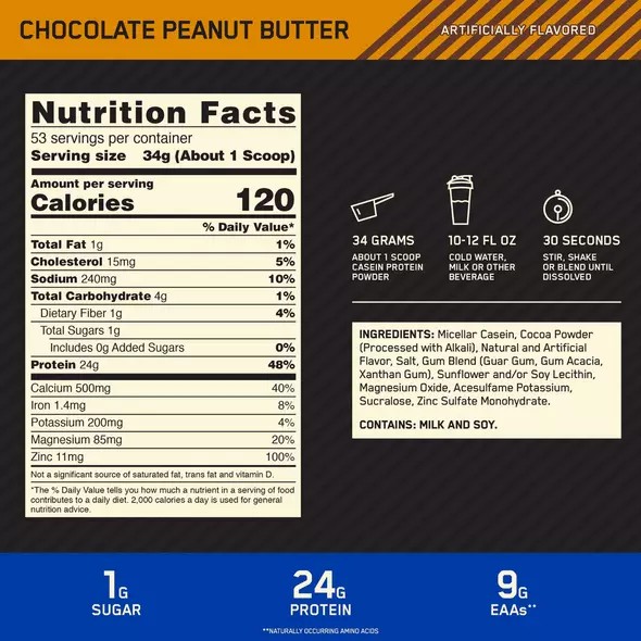 Optimum Nutrition GOLD STANDARD® 100% Casein Chocolate Peanut Butter 4 lb (53 Servings) | 640327-ALM