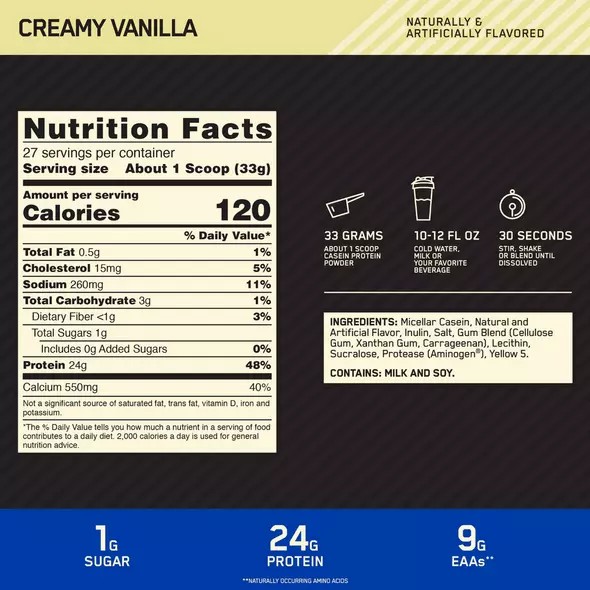 Optimum Nutrition GOLD STANDARD® 100% Casein Creamy Vanilla 2 lb (25 Servings) | 829601-ZSG