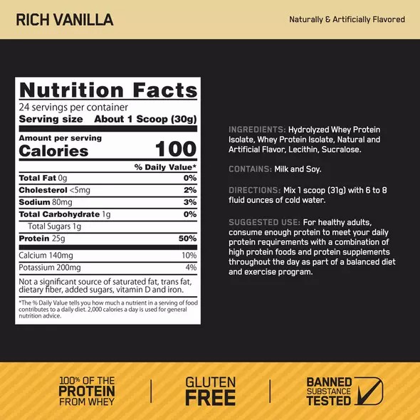 Optimum Nutrition GOLD STANDARD® 100% Isolate Rich Vanilla 2.91 lb (44 Servings) | 415638-COU