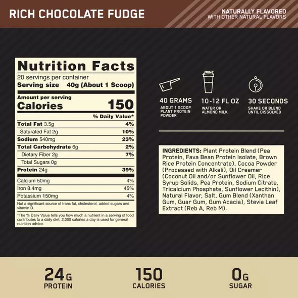 Optimum Nutrition GOLD STANDARD® 100% Plant Rich Chocolate Fudge 1.76 lb (20 Servings) | 798153-UJO