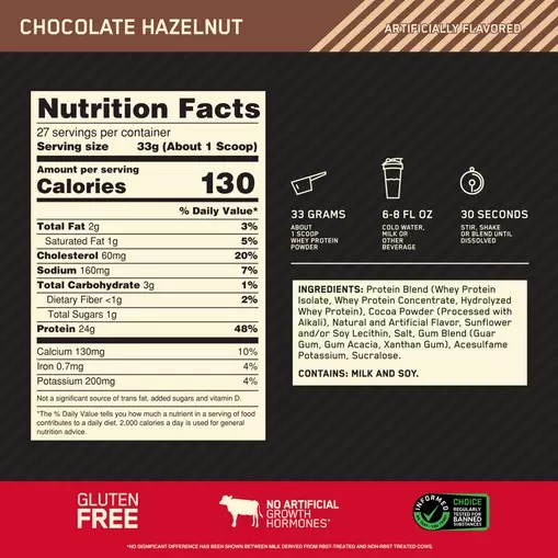 Optimum Nutrition GOLD STANDARD 100% WHEY™ Chocolate Hazelnut 2 lb (27 Servings) | 194302-OVG