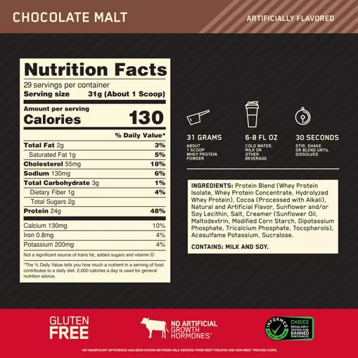 Optimum Nutrition GOLD STANDARD 100% WHEY™ Chocolate Malt 2 lb (29 Servings) | 392418-JOL