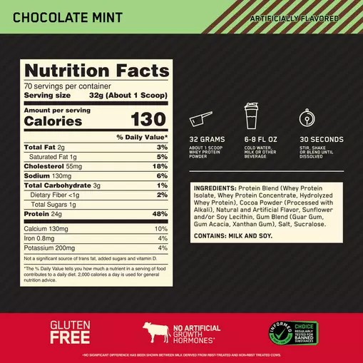 Optimum Nutrition GOLD STANDARD 100% WHEY™ Chocolate Mint 5 lb (70 Servings) | 682043-SQN