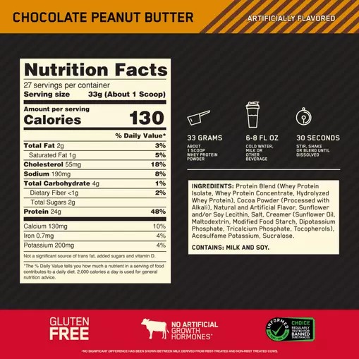 Optimum Nutrition GOLD STANDARD 100% WHEY™ Chocolate Peanut Butter 2 lb (27 Servings) | 796814-ARH