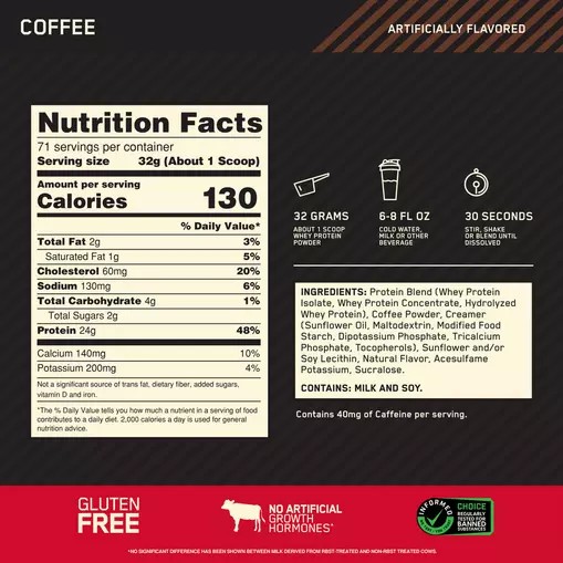 Optimum Nutrition GOLD STANDARD 100% WHEY™ Coffee 5 lb (71 Servings) | 862419-PXW