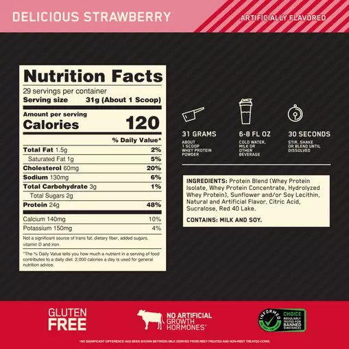 Optimum Nutrition GOLD STANDARD 100% WHEY™ Delicious Strawberry 2 lb (29 Servings) | 486913-JHY
