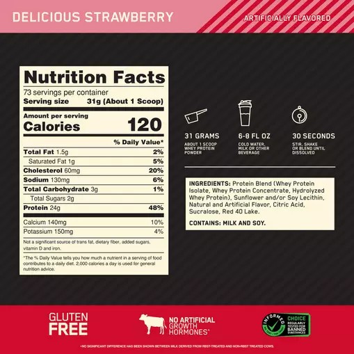 Optimum Nutrition GOLD STANDARD 100% WHEY™ Delicious Strawberry 5 lb (73 Servings) | 052791-JOU