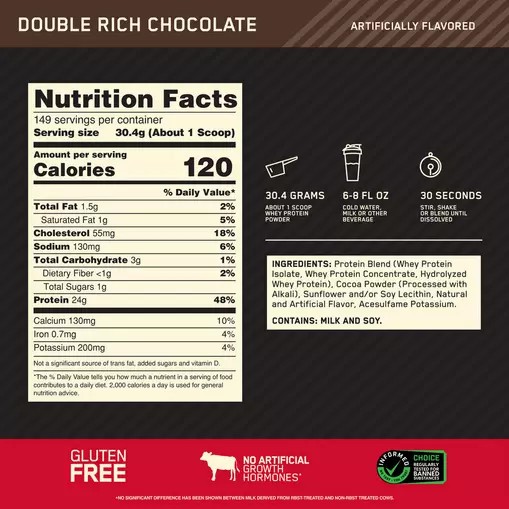 Optimum Nutrition GOLD STANDARD 100% WHEY™ Double Rich Chocolate 10 lb (149 Servings) | 051784-ZTL