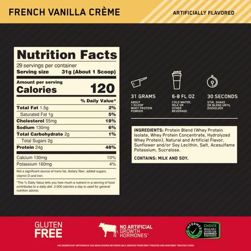 Optimum Nutrition GOLD STANDARD 100% WHEY™ French Vanilla Creme 2 lb (29 Servings) | 654937-DWQ