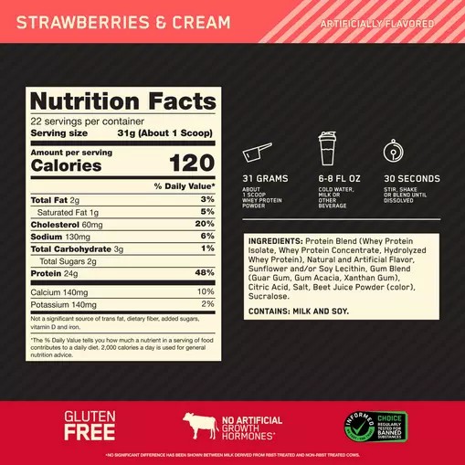 Optimum Nutrition GOLD STANDARD 100% WHEY™ Strawberries & Cream 1.5 lb (22 Servings) | 481530-IZM