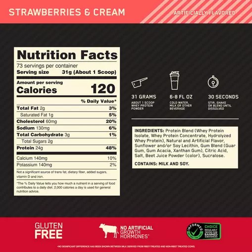 Optimum Nutrition GOLD STANDARD 100% WHEY™ Strawberries & Cream 5 lb (73 Servings) | 391780-VDL