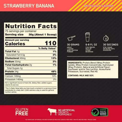 Optimum Nutrition GOLD STANDARD 100% WHEY™ Strawberry Banana 5 lb (75 Servings) | 259086-LOU