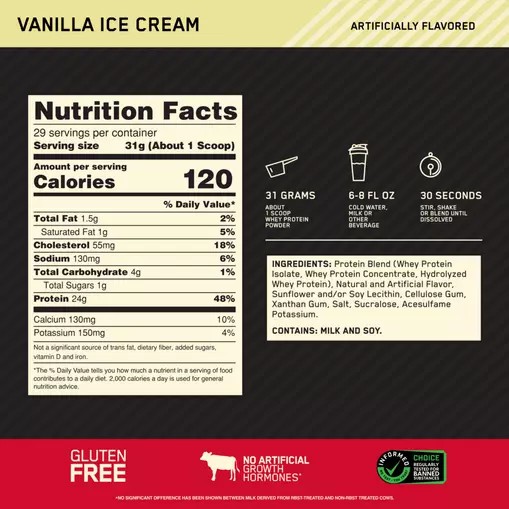 Optimum Nutrition GOLD STANDARD 100% WHEY™ Vanilla Ice Cream 2 lb (29 Servings) | 965371-BLH
