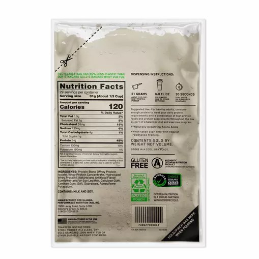 Optimum Nutrition GOLD STANDARD 100% WHEY™ Recyclable Refill Bag Vanilla Ice Cream 2 lb (29 Servings) | 503489-AFL