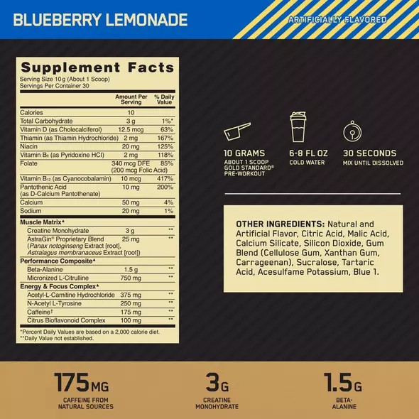 Optimum Nutrition GOLD STANDARD® Pre-Workout Blueberry Lemonade 0.66 lb (30 Servings) | 615298-CQF