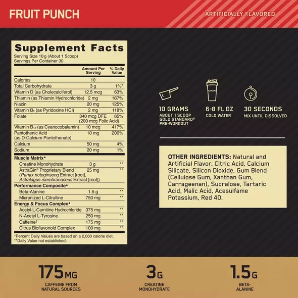 Optimum Nutrition GOLD STANDARD® Pre-Workout Fruit Punch 0.66 lb (30 Servings) | 759268-GEX