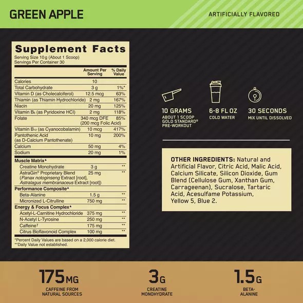 Optimum Nutrition GOLD STANDARD® Pre-Workout Green Apple 0.66 lb (30 Servings) | 036197-DMX