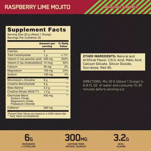 Optimum Nutrition GOLD STANDARD® Pre Advanced Raspberry Lime Mojito 0.88 lb (20 Servings) | 986531-TKZ