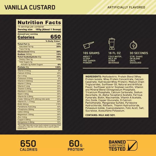 Optimum Nutrition GOLD STANDARD® Pro Gainer Vanilla Custard 5.09 lb (14 Servings) | 972801-CTA
