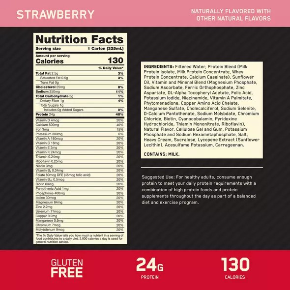 Optimum Nutrition GOLD STANDARD® Ready To Drink Protein Shake *new* Strawberry 12 Cartons (12 Servings) | 984206-SBY