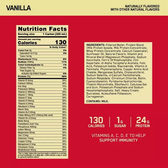 Optimum Nutrition GOLD STANDARD® Ready To Drink Protein Shake Vanilla 12 Cartons (12 Servings) | 714358-DTY