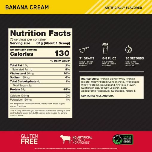 Optimum Nutrition Gold Standard 100% Whey Protein Powder Banana Cream 900 grams (30 Servings) | 058372-JBE