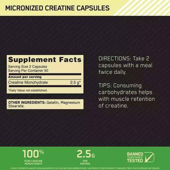Optimum Nutrition Micronized Creatine Capsules 100 Capsules (50 Servings) | 378241-TOB