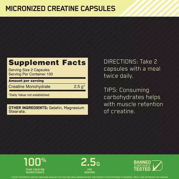 Optimum Nutrition Micronized Creatine Capsules 200 Capsules (100 Servings) | 360217-BRW